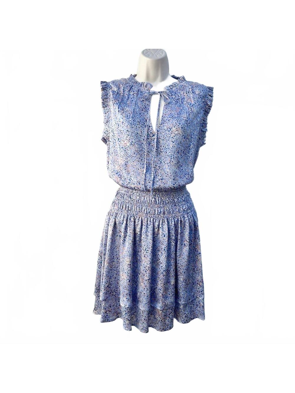 Pinch Ruffle Sleeveless Dress Periwinkle Blue Cream Rose Floral | Size Large